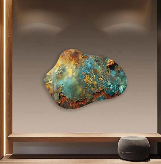 Intricate details of rust and verdigris highlight this abstract irregular glass wall art, a stunning piece of home decor.