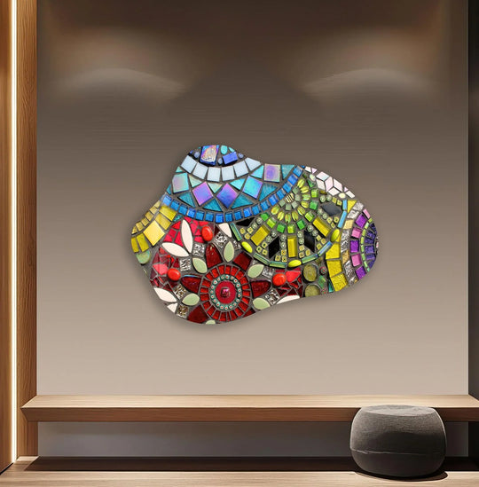 Intricate mosaic glass wall art features shimmering glass pieces in an abstract design, showcasing exceptional material quality in vibrant wall prints.