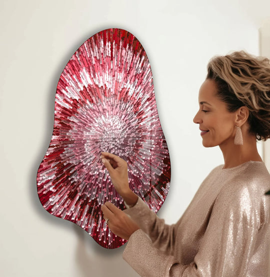 Geometric red abstract glass print wall art with an exploding helix design.