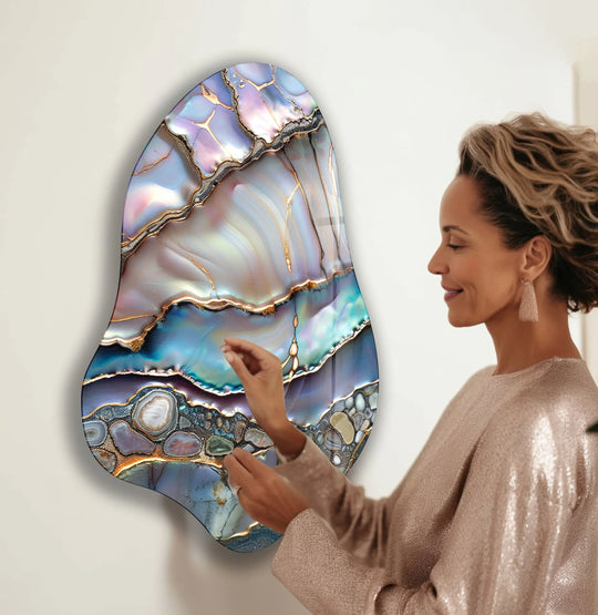 An abstract decorative wall art piece showcasing a striking layering effect of iridescent purple and blue hues with metallic gold accents.