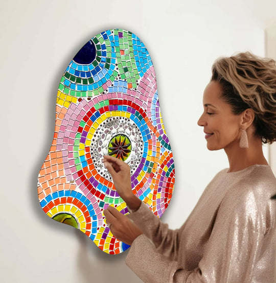 A woman adjusts an organic abstract glass wall artwork with vibrant mosaic tiles and flowing pink hues.