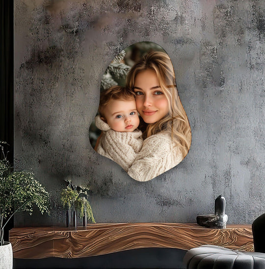 The adorable mother and child portrait is the central focus of this custom soft drop shape glass art, a stunning piece of personalized wall decor.