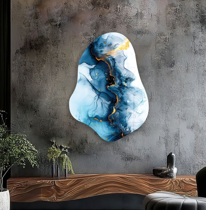 Abstract Blue Alcohol Ink Irregular Glass Wall Art, glass pictures for Wall, glass prints wall art
