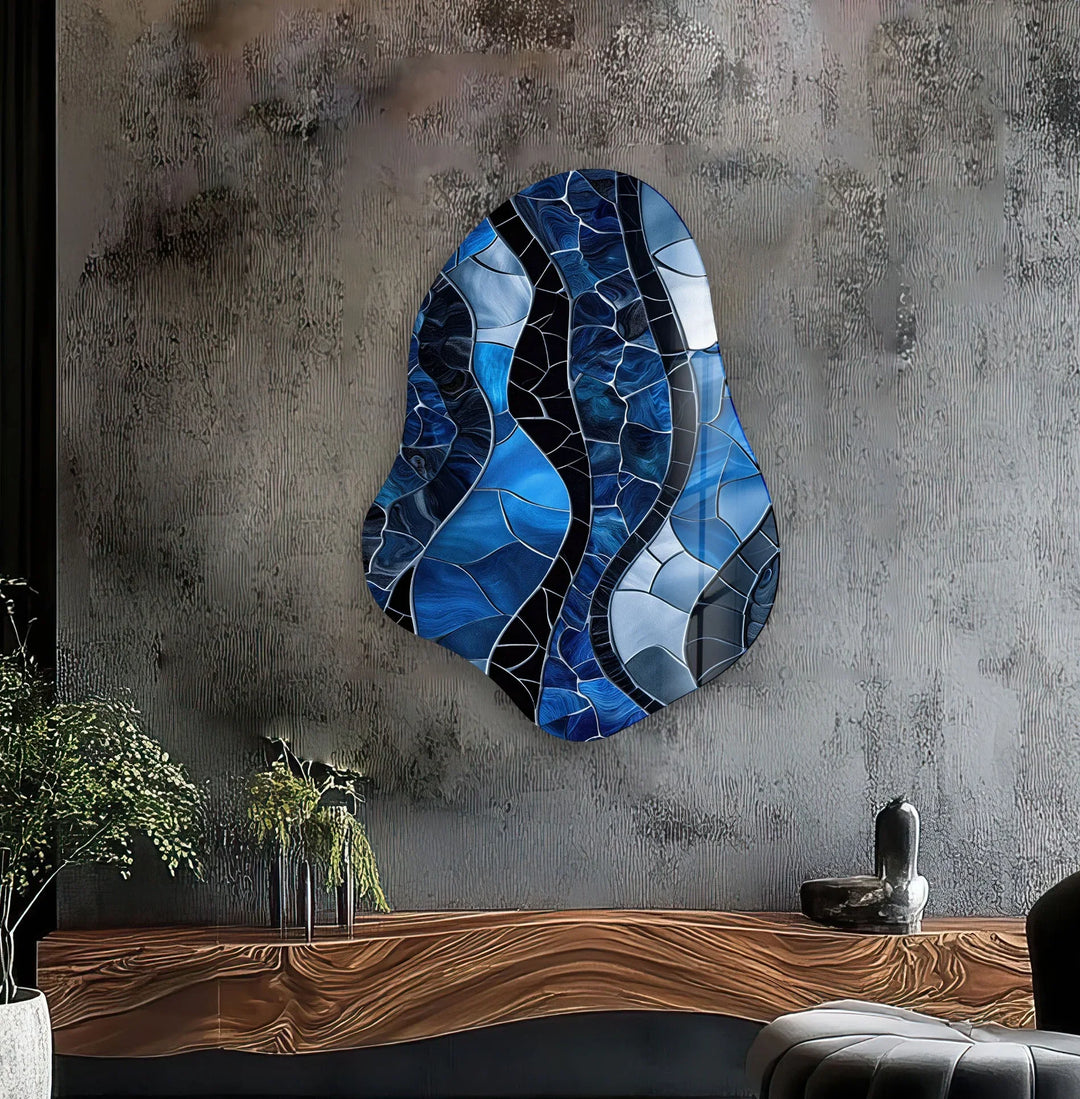 Stained Blue Decorative Glass Wall Art, glass art painting, glass art for the Wall
