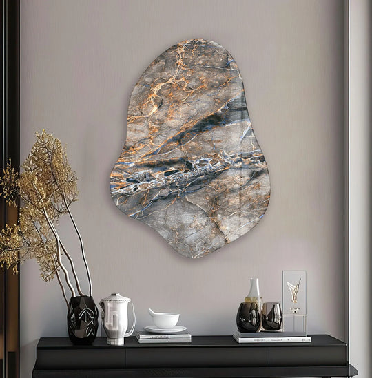 Abstract grey marble decorative glass hanging wall art features organic shapes and rich, swirling textures.