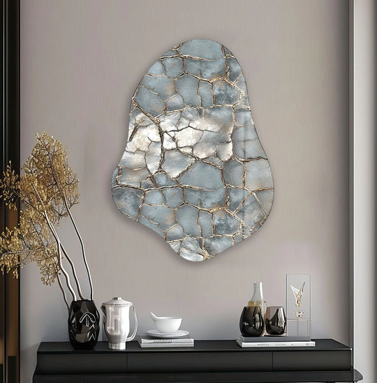 Cool-toned abstract glass wall art with golden veins, a striking centerpiece for unique modern wall decor.