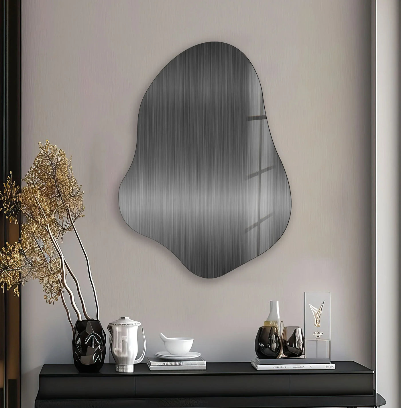 Abstract gray glass wall art with organic curves, a unique piece for decorating with wall prints.