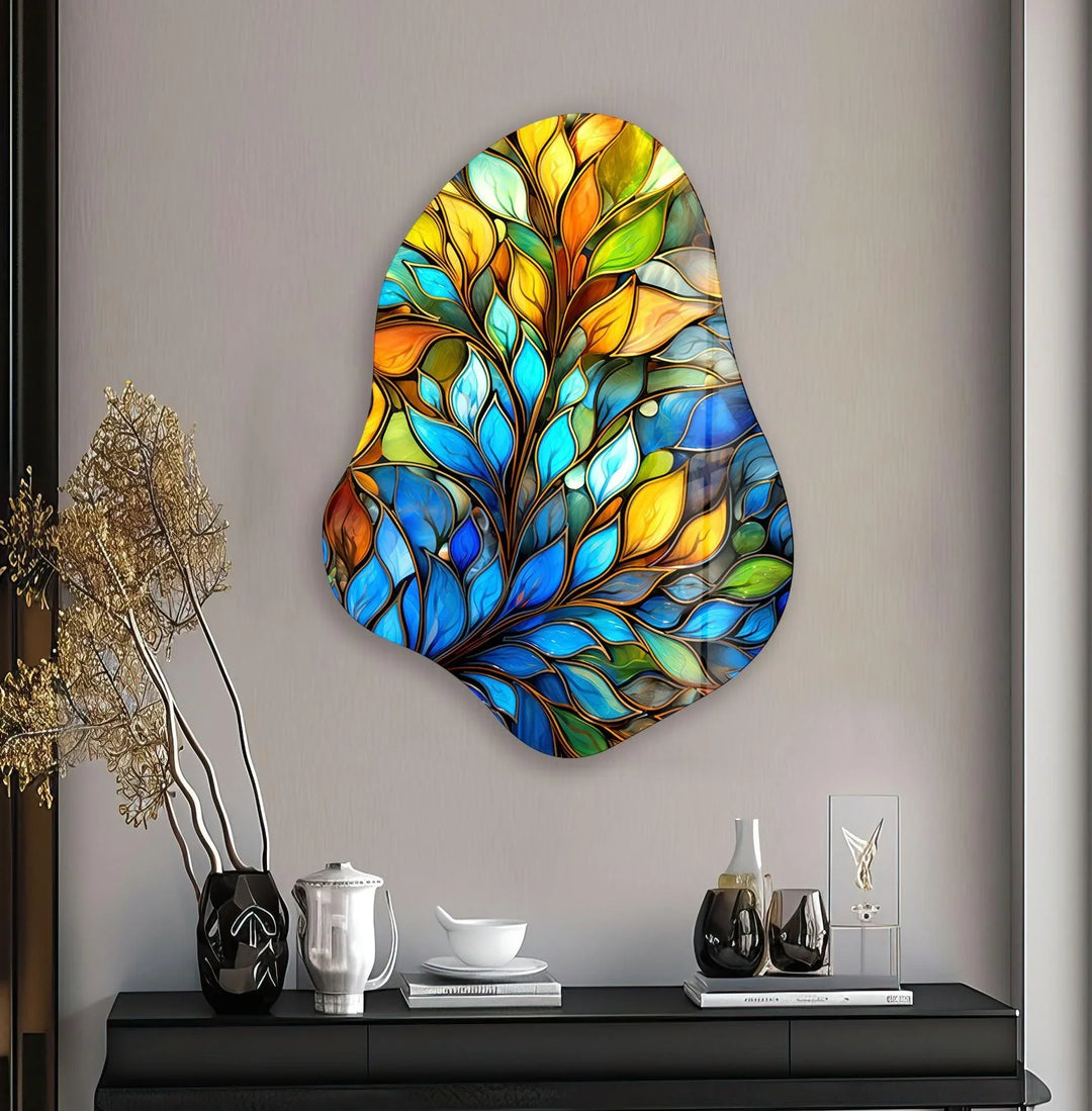 Stained Leaf Floral Glass Wall Art, large glass photo prints, glass wall photos
