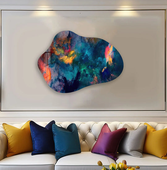 An irregular-shaped piece of unique modern wall decor featuring vibrant abstract patterns in bold blues and warm tones.