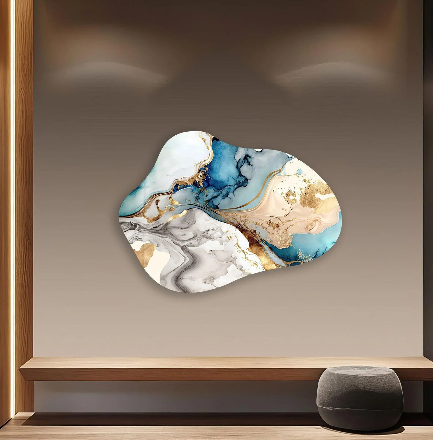 A realistic abstract decorative wall art piece showcases flowing navy blue and gold marbled ink swirls.