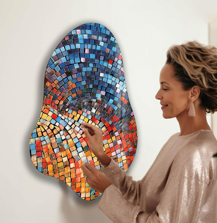 Blue Mosaic Tiles Decorative Glass Wall Art, picture on glass wall art, photos printed on glass
