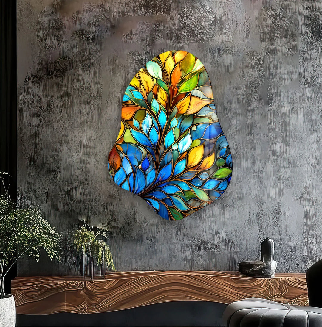 Stained Leaf Floral Glass Wall Art, photo print on glass, prints on glass wall art
