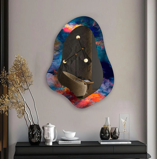 The visual rhythm of the modern blue abstract entryway wall mirror is captivating, adding movement through its irregular form and the interplay of light reflecting from its stained glass wall mirror design.