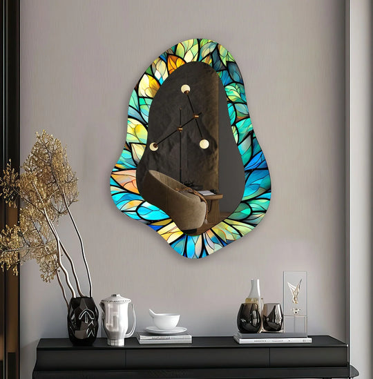 Highlighting the layering effect of stained blue leaves, this irregular wall mirror presents itself as exquisite glass art with a unique, decorative mirror design.