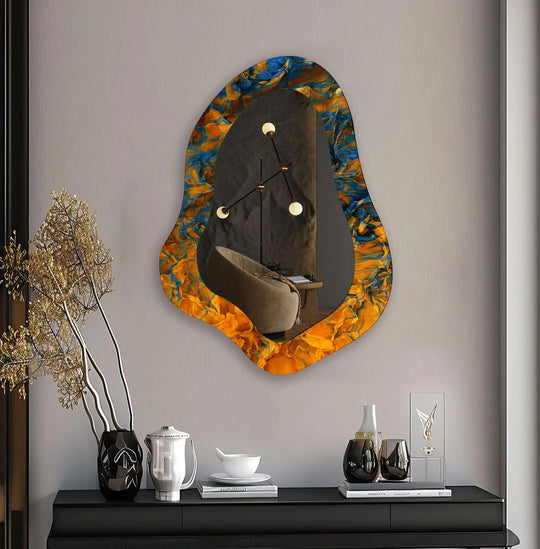 Stillness reflected in the orange abstract modern wall mirror, a decorative mirror adding a sense of suspended time to the curated room it reflects.