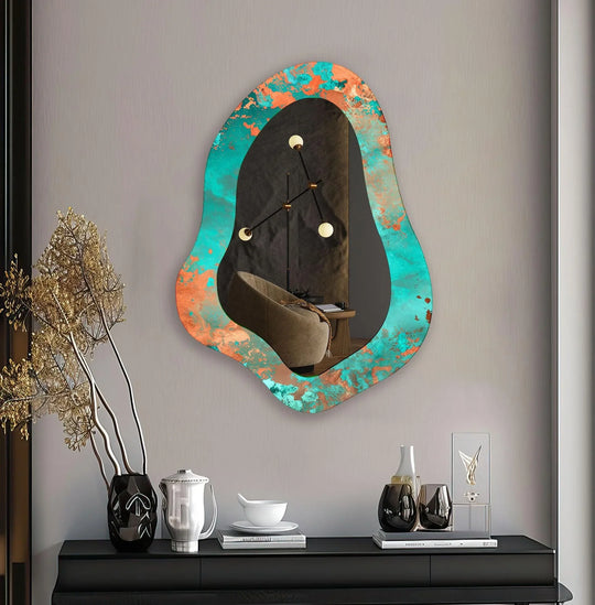 Loudest piece is the abstractly shaped Green and Bronze modern mirror, reflecting a stylish home decor scene, and enhancing the room's aesthetic.