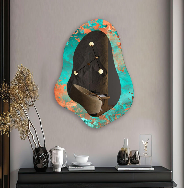 Mirror wall decor combining bold shapes and reflective surfaces to create a striking focal point

