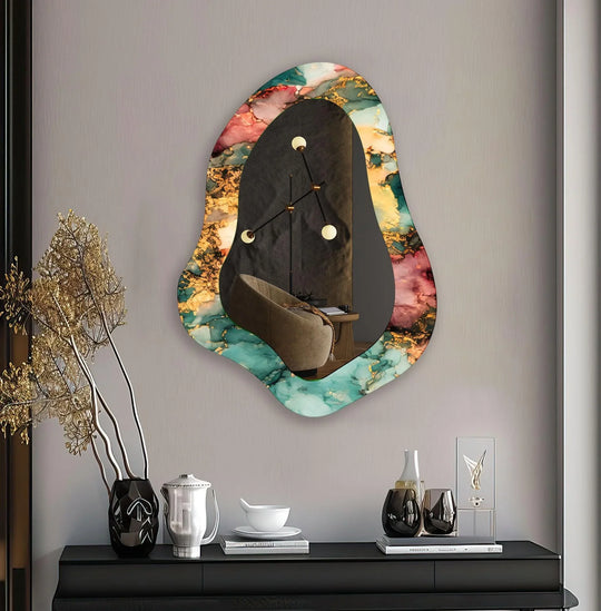 Reflecting an interior scene with a modern mirror, the asymmetric design features vibrant green and gold alcohol ink patterns, bringing a bold glass art painting to the space.