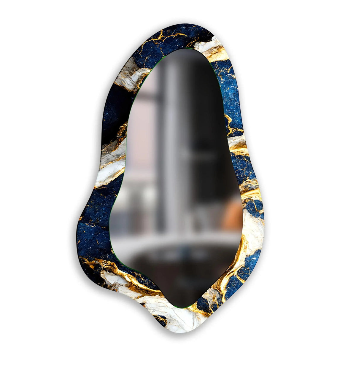 The focal point reflects a blurred space within the stylish Blue & Gold Marble bathroom mirror, adding to its abstract home decoration aesthetic.