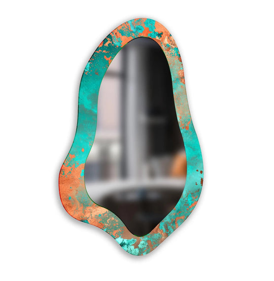 Organic, asymmetric shapes frame the stained glass wall mirror, blending bronzed hues with verdant tones in a unique modern wall decor piece.