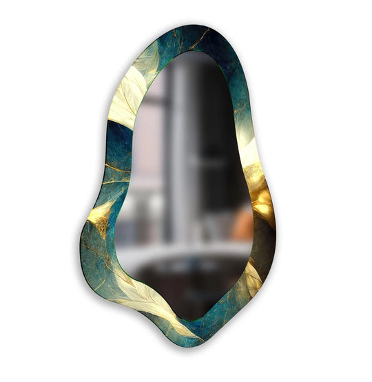 Organic form highlighting the green and gold marble decorative asymmetric mirror for wall decor, creating a natural, artful accent.
