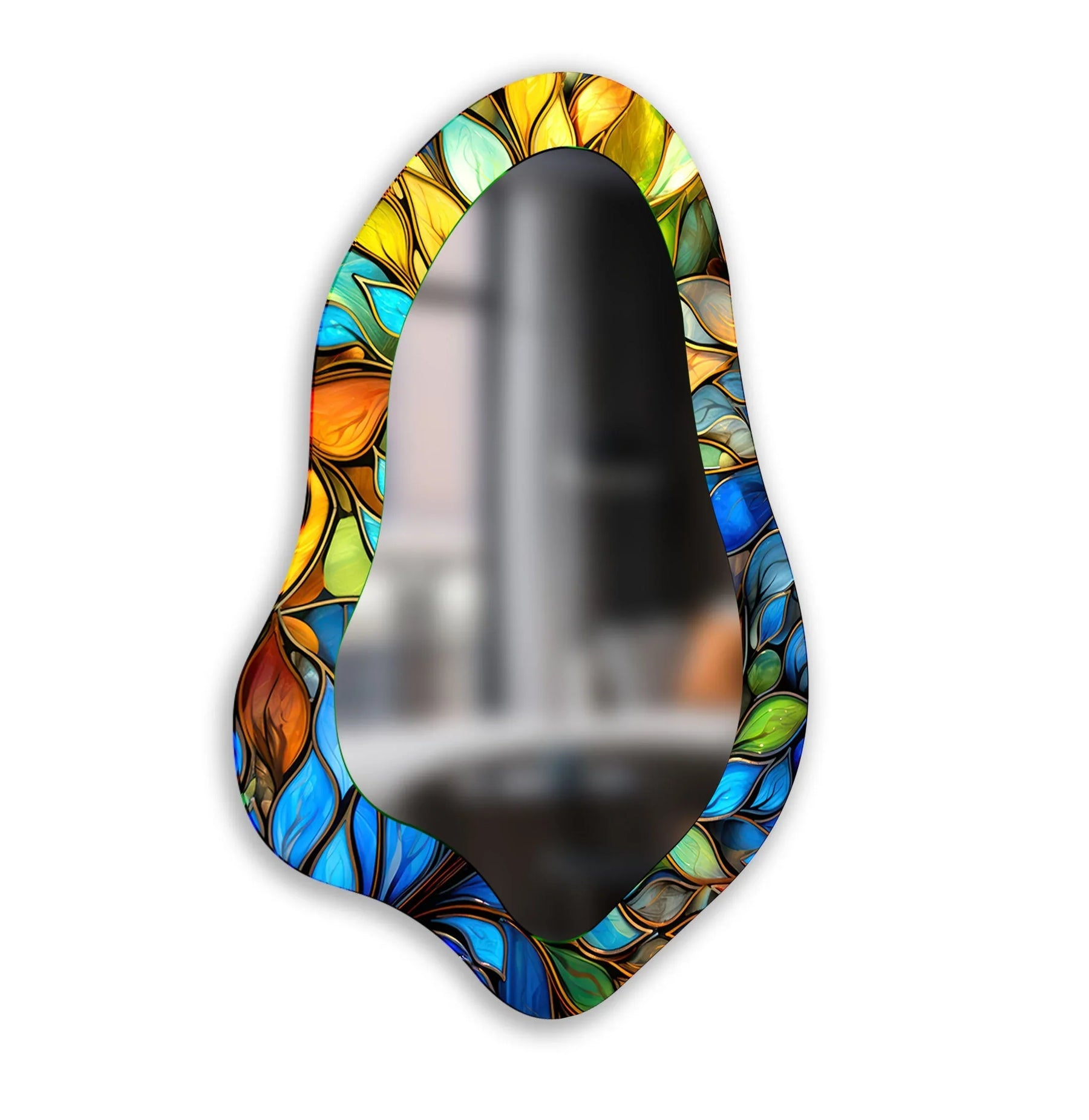 Foreground detail showcases a decorative wall mirror featuring a vibrant stained blue leaves design, perfect for decorating with wall mirrors to add artistic flair.