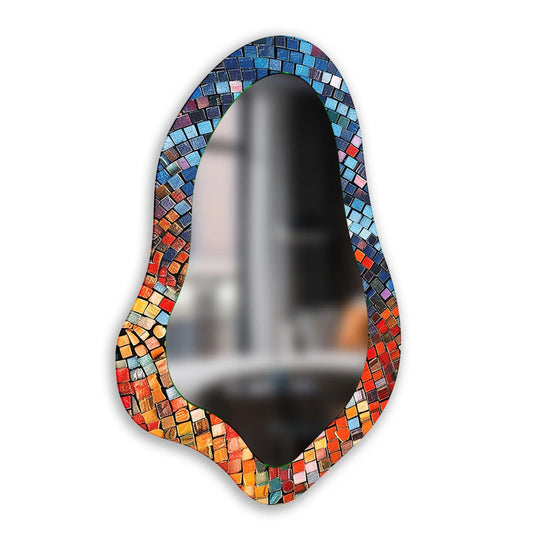 Radiant hues blend seamlessly in this decorative wall mirror, showcasing a vibrant mosaic design with a captivating transition between the colors for a modern wall mirrors effect.