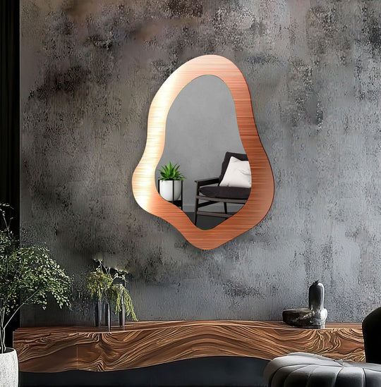 Highlighting the realistic detail, this elegant irregular orange wall mirror offers a contemporary look for home decoration, with a unique shape reflecting modern design.