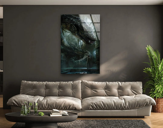 Dominating negative space surrounds a glass wall art prints piece depicting a giant serpent confronting a figure within an ancient temple scene.