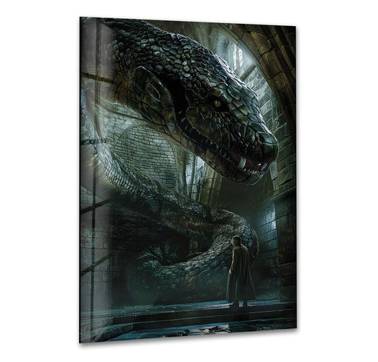 Towering serpent, the central subject of this giant serpent temple scene hanging wall art, looms over a wizard in a cinematic display of mythical power.