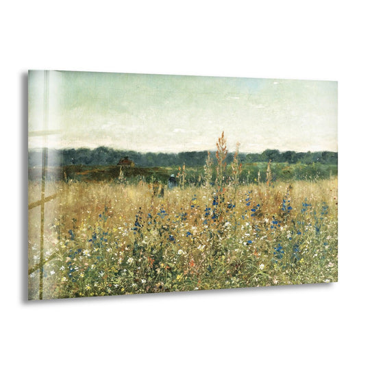 Exploring the abstract quality of this wildflower meadow glass wall artwork, the scene evokes a sense of tranquil beauty with its blended colors and impressionistic form.