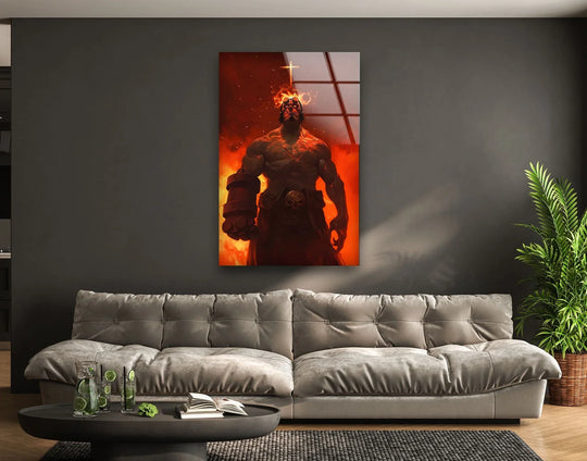 Orange dominates the fiery demon warrior portrait in this tempered glass wall art, creating a bold statement piece.