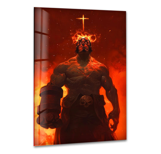 Ominous fiery demon warrior portrait glass wall art creates a powerful home decor mood with its hellish depiction and striking color palette.
