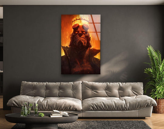 Highlighting the abstract quality, the fiery demon king portrait is a stunning piece of glass wall art, bringing dramatic home decor to any cinematic space.