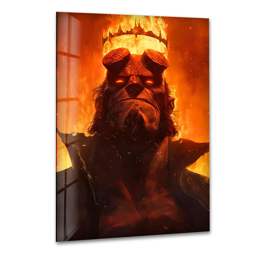Tempered surface texture accentuates the fiery glow and deep shadows of this fiery demon king portrait, showcasing the vibrant details of this dramatic glass wall art decor.
