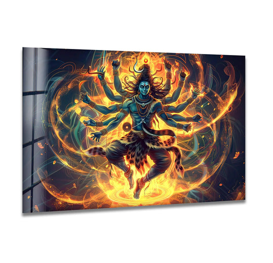 Shiva's powerful form commands attention in this vibrant Hindu Gods Shiva and Kali Fire glass art, a mesmerizing display of intricate details showcased as glass art.