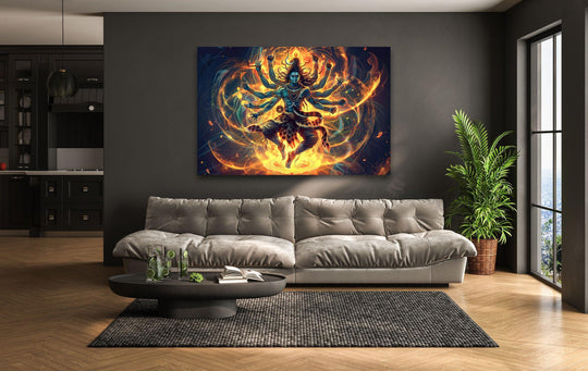 Against the dark gray background, the Hindu Gods Shiva and Kali fire glass wall art vividly stands out as a stunning print wall art piece.