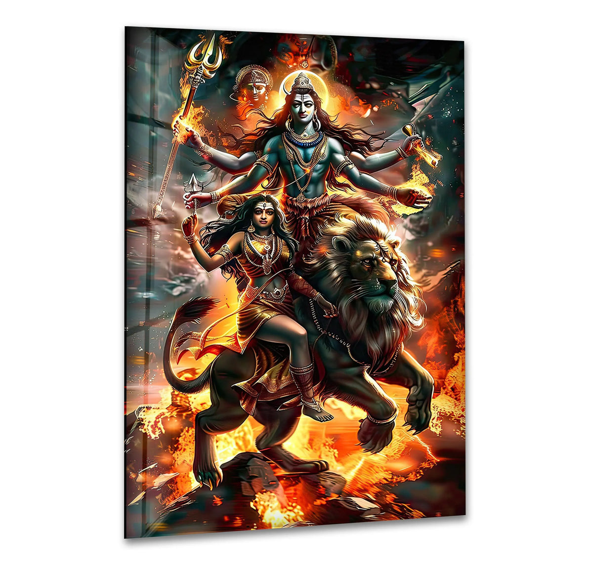 Divine Shiva and Kali appear to surge forward with fierce, unstoppable motion, vividly captured in this religious print wall art on glass.