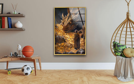 Vertical, rectangular tempered glass wall art features an epic fantasy scene of a golden dragon guarding its treasure.