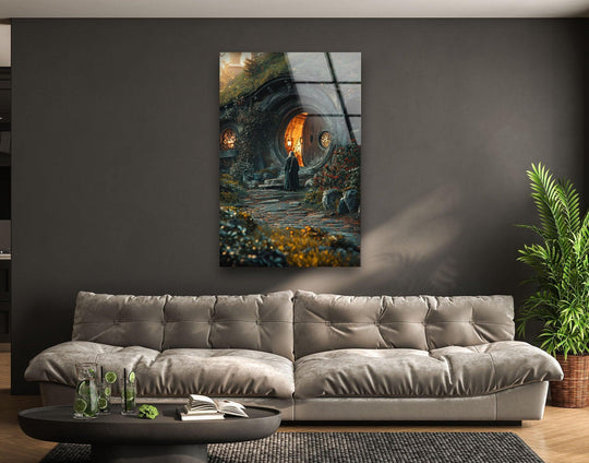 Showing the realistic detail, the enchanted round door woodland cottage fantasy glass wall art makes an eye-catching home decoration.