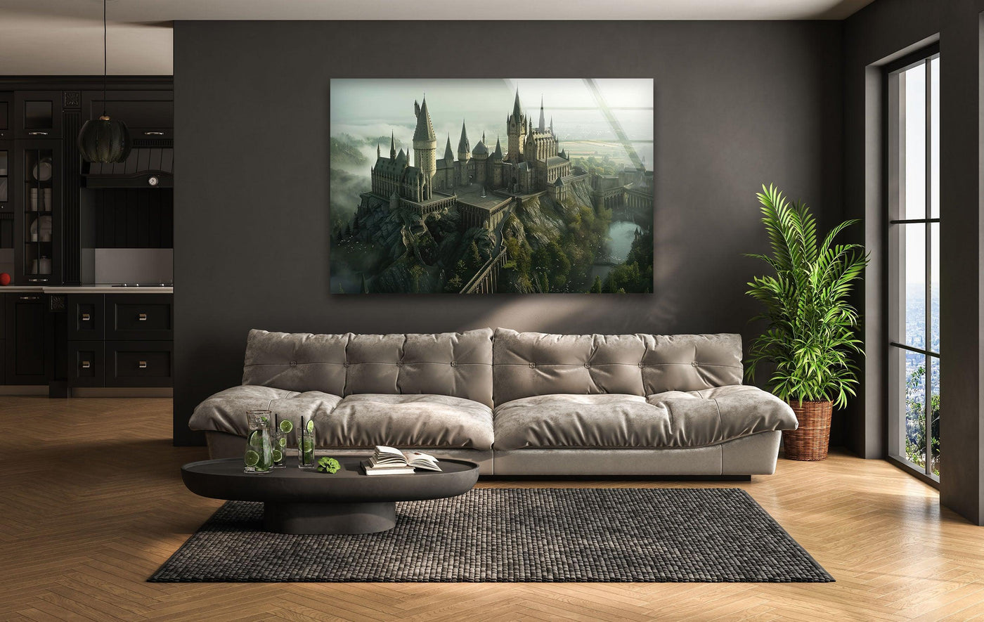 The stillness of the fantasy landscape emphasizes the enchanting art from glass depicting a majestic cliffside castle, offering a serene focal point.