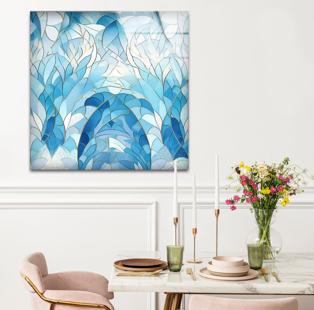 Ocean Leaf Stained Glass Wall Art – Blue Botanical Window Panel, Calming Nature Decor
