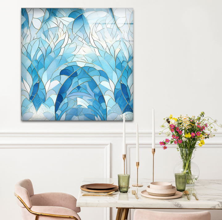 Ocean Leaf Stained Glass Wall Art – Blue Botanical Window Panel, Calming Nature Decor