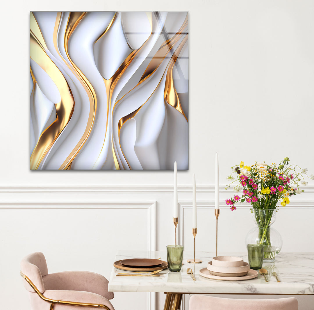 Gold White Abstract Wall Art – Luxury Fluid Texture Glass Print for Modern Interiors