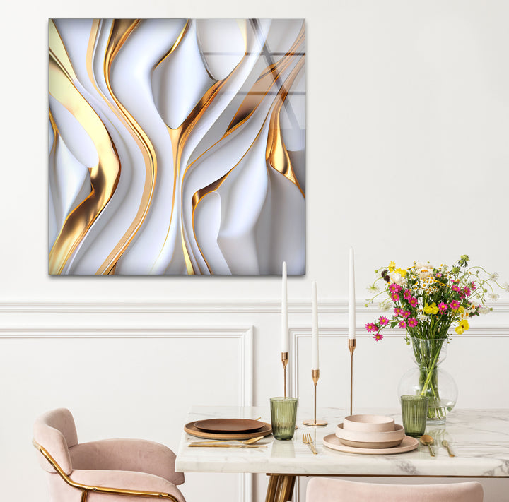 Gold White Abstract Wall Art – Luxury Fluid Texture Glass Print for Modern Interiors