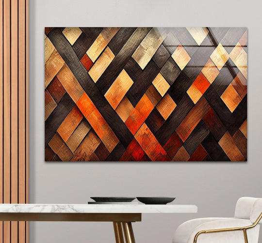 Abstract glass wall prints showcase a geometric wooden texture with a mesmerizing depth and layered effect.