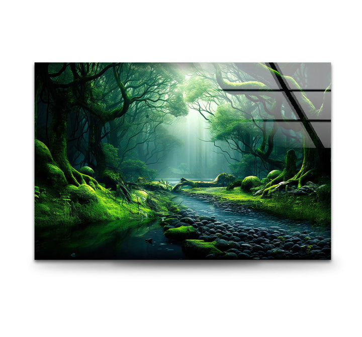 Mystical Enchanted Forest Stream Wall Art – Lush Green Nature Glass Print - MyPhotoStation