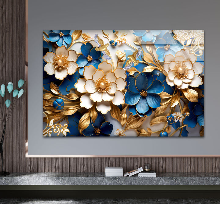 Elegante blau-goldene florale Wandkunst – 3D-Glasplatte für moderne Innenräume