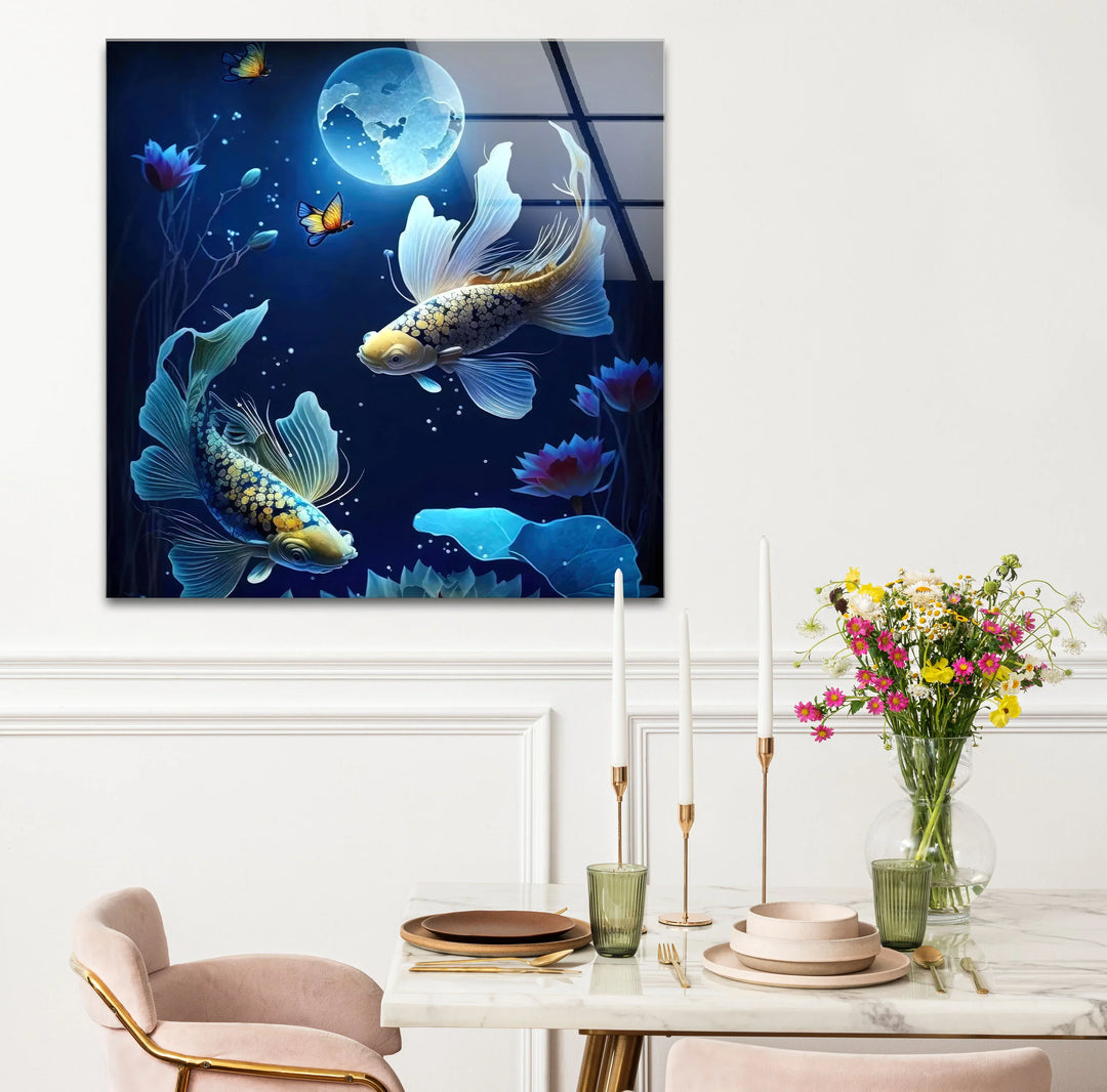 Moonlit Koi Fish and Lotus Wall Art – Tranquil Blue Glass Panel for Zen Decor