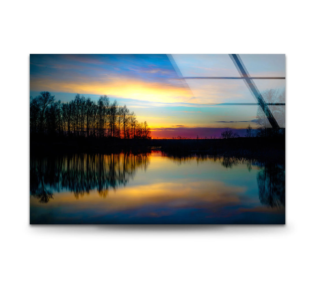 Sunset Reflection Wall Art – Tranquil Forest & Lake Glass Print for Serene Decor - MyPhotoStation